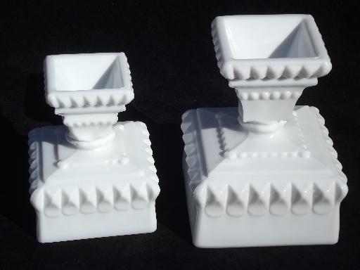 photo of square milk glass compotes big and small, Westmoreland wedding bowl shape #4