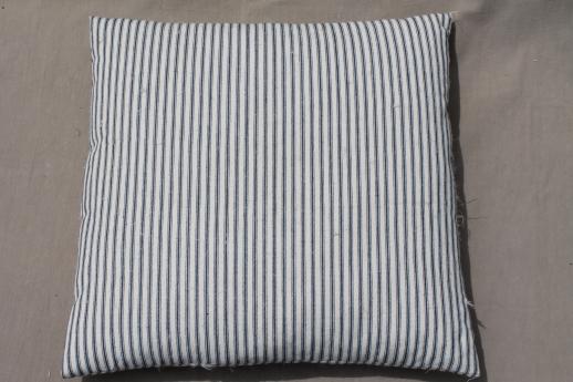 photo of square pillow w/ old blue striped ticking, 1940s or 50s vintage feather pillow #2