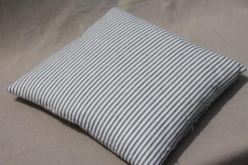 catalog photo of square pillow w/ old blue striped ticking, 1940s or 50s vintage feather pillow