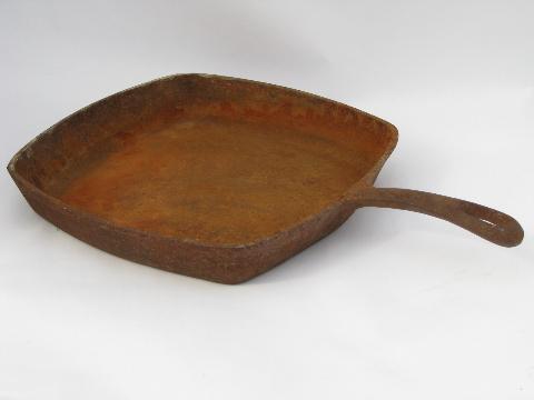 photo of square shape vintage cast iron pan, old iron cookware for kitchen or camp #1