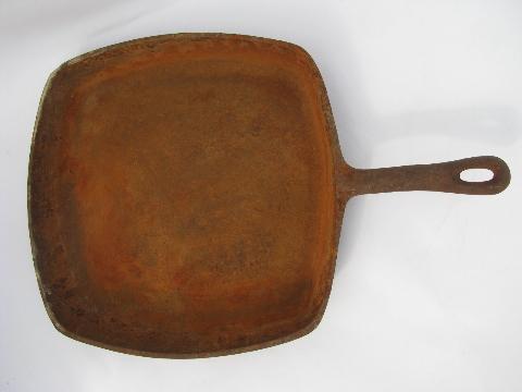 photo of square shape vintage cast iron pan, old iron cookware for kitchen or camp #2