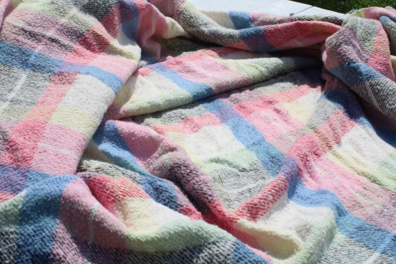 photo of stack of FIVE mid century vintage plaid camp blankets butter mint green candy pink w/ black  #2