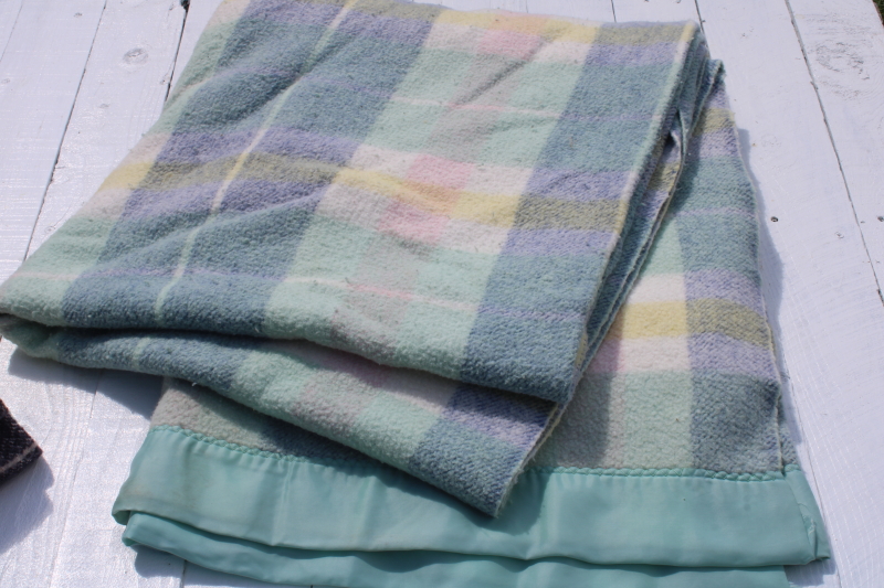 photo of stack of FIVE mid century vintage plaid camp blankets butter mint green candy pink w/ black  #3