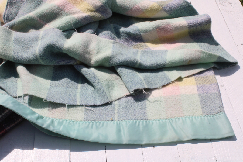 photo of stack of FIVE mid century vintage plaid camp blankets butter mint green candy pink w/ black  #4