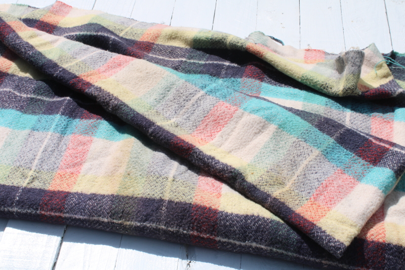 photo of stack of FIVE mid century vintage plaid camp blankets butter mint green candy pink w/ black  #5