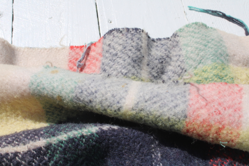 photo of stack of FIVE mid century vintage plaid camp blankets butter mint green candy pink w/ black  #6