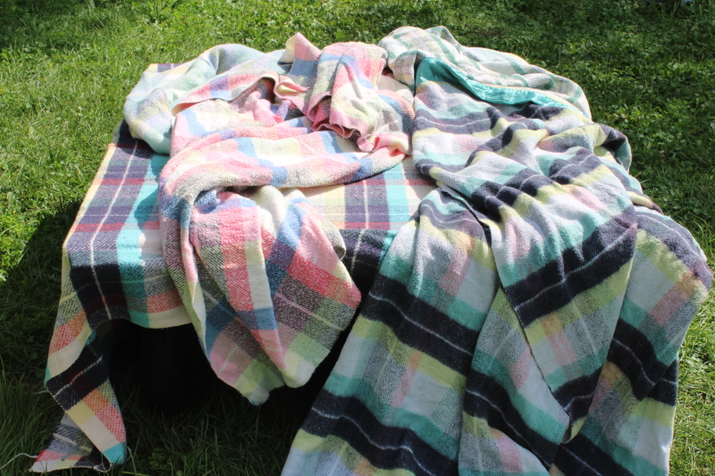 photo of stack of FIVE mid century vintage plaid camp blankets butter mint green candy pink w/ black  #7