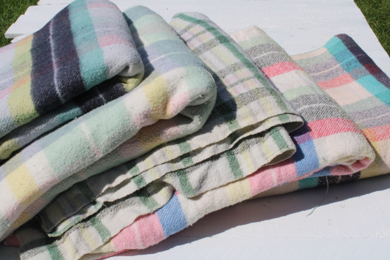 photo of stack of FIVE mid century vintage plaid camp blankets butter mint green candy pink w/ black  #8
