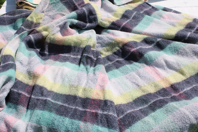 photo of stack of FIVE mid century vintage plaid camp blankets butter mint green candy pink w/ black  #10