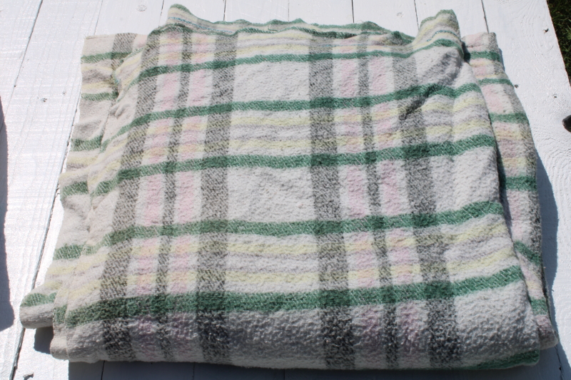 photo of stack of FIVE mid century vintage plaid camp blankets butter mint green candy pink w/ black  #11