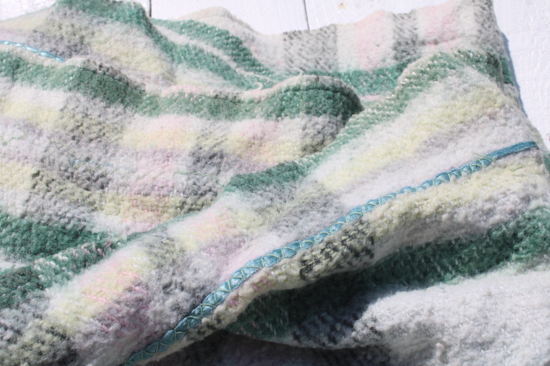 photo of stack of FIVE mid century vintage plaid camp blankets butter mint green candy pink w/ black  #12