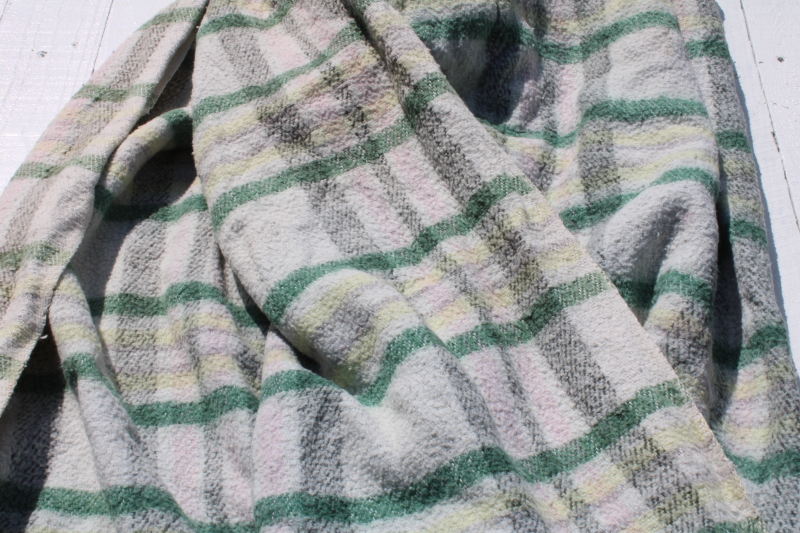 photo of stack of FIVE mid century vintage plaid camp blankets butter mint green candy pink w/ black  #13