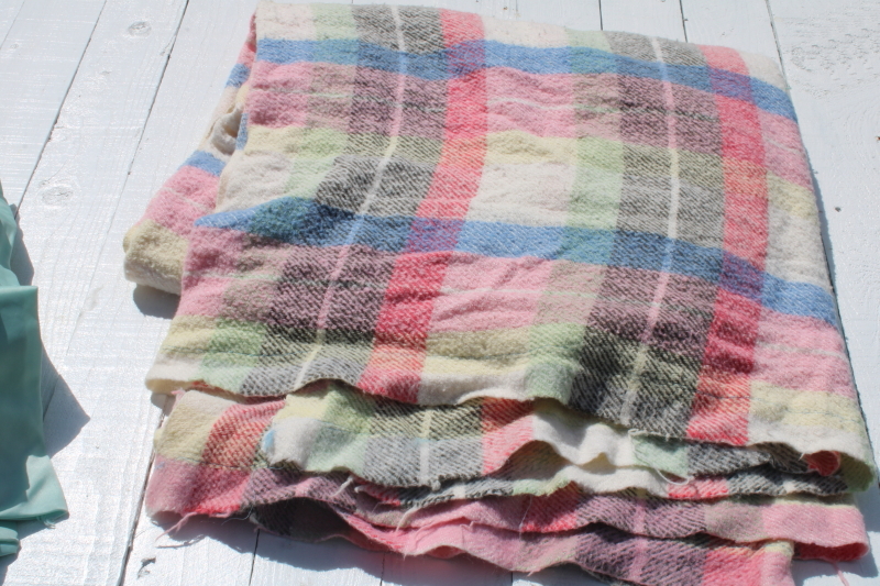 photo of stack of FIVE mid century vintage plaid camp blankets butter mint green candy pink w/ black  #14