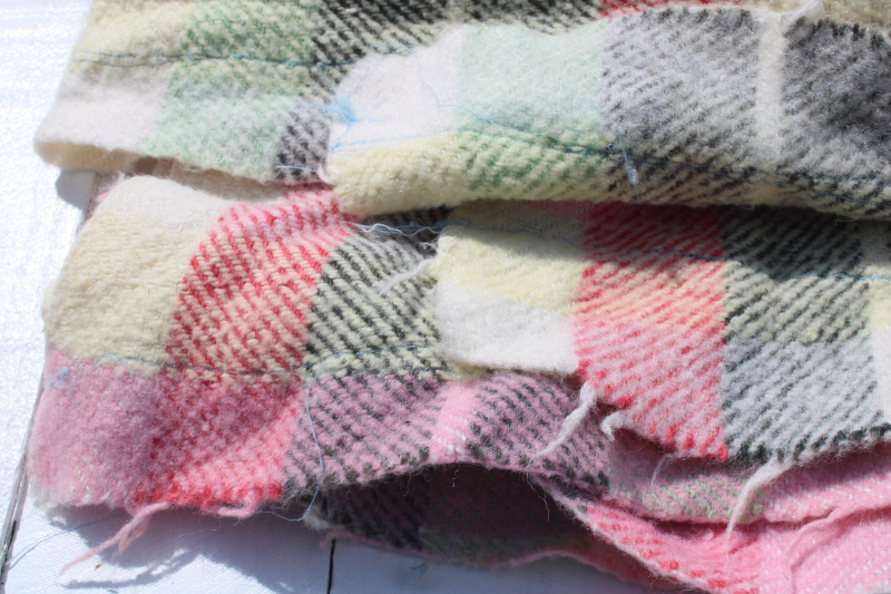 photo of stack of FIVE mid century vintage plaid camp blankets butter mint green candy pink w/ black  #15