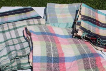 catalog photo of stack of FIVE mid century vintage plaid camp blankets butter mint green candy pink w/ black 