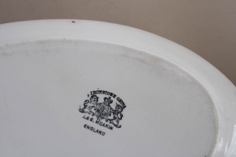 photo of stack of antique ironstone platters, heavy white china w/ early England backstamps #8