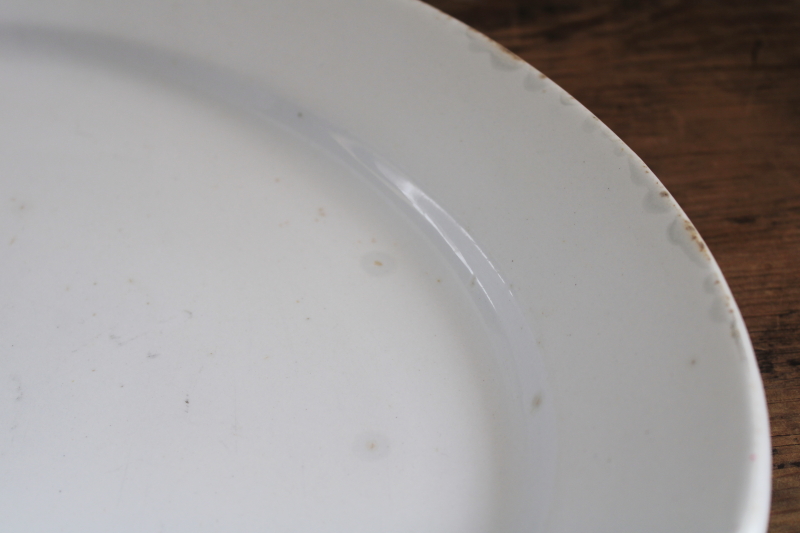 photo of stack of antique ironstone platters, heavy white china w/ early England backstamps #19