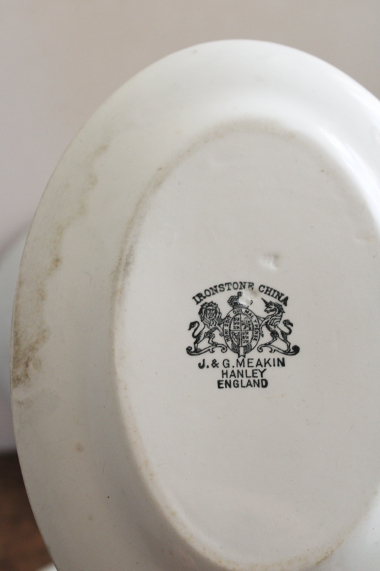 photo of stack of antique white ironstone platters, vintage farmhouse kitchen serving ware #5