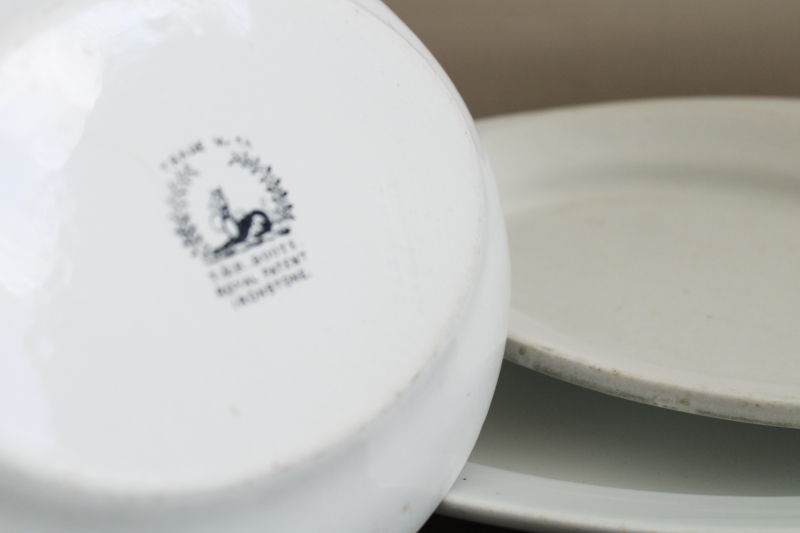 photo of stack of antique white ironstone platters, vintage farmhouse kitchen serving ware #8