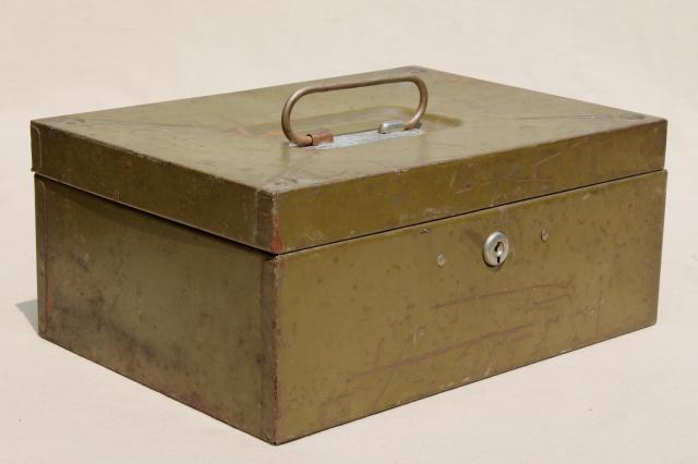 photo of stack of authentic vintage metal boxes, lock box money boxes & document boxes #6