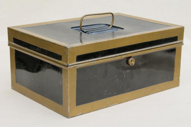 photo of stack of authentic vintage metal boxes, lock box money boxes & document boxes #12