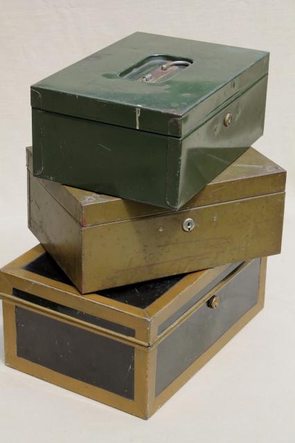 photo of stack of authentic vintage metal boxes, lock box money boxes & document boxes #13