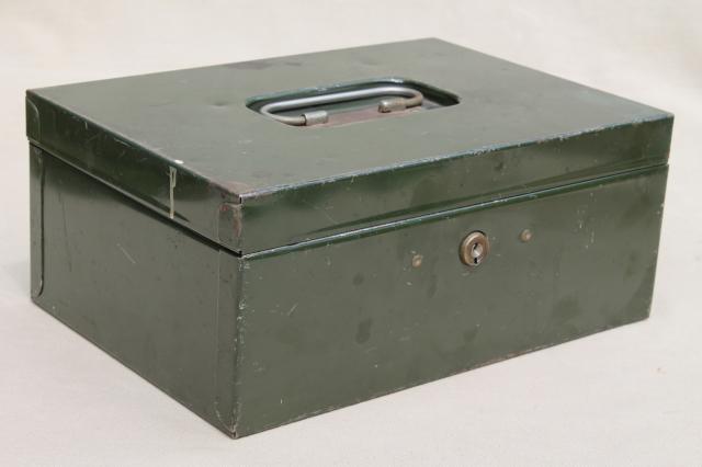 photo of stack of authentic vintage metal boxes, lock box money boxes & document boxes #19