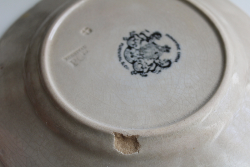 photo of stack of chunky antique English ironstone china plates, browned stained crazing patina  #12