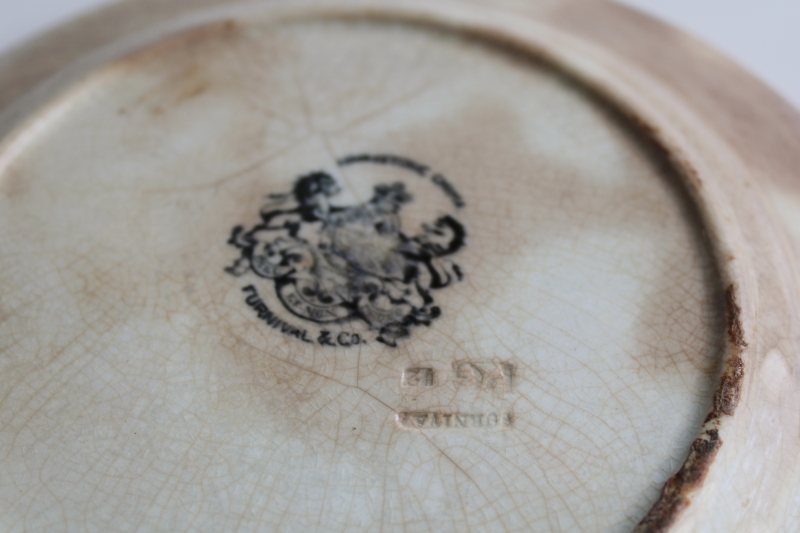 photo of stack of chunky antique English ironstone china plates, browned stained crazing patina  #15