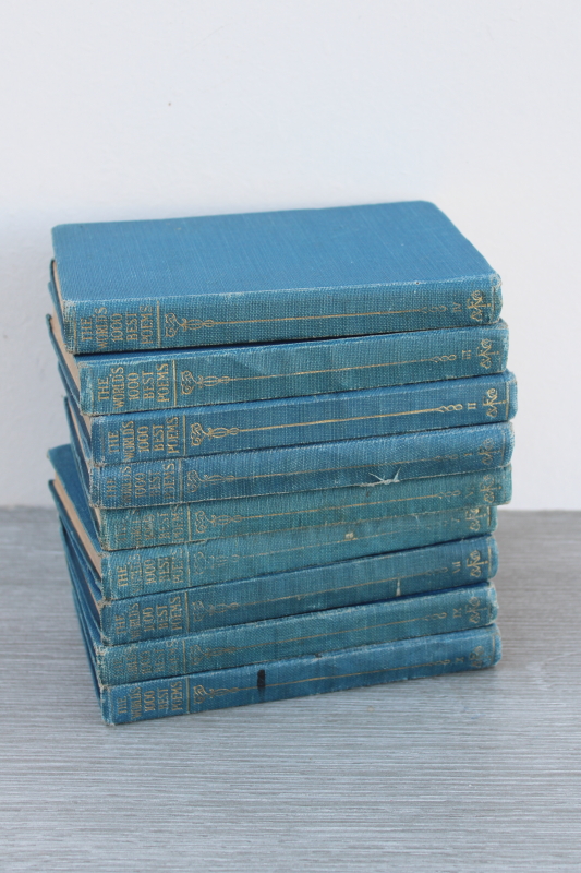 photo of stack of old books blue cloth covers 1920s vintage little volumes of best loved poetry 1910 #1
