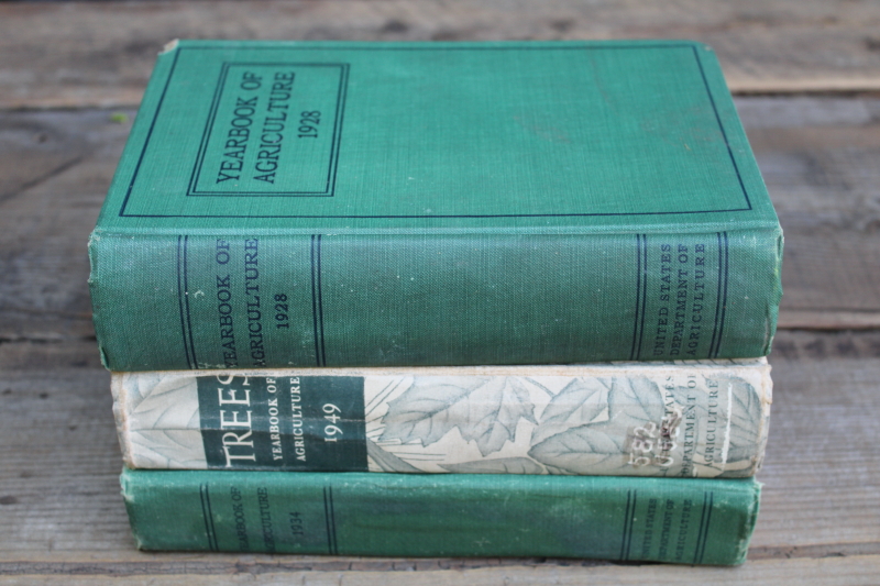 photo of stack of old green books, vintage USDA farm yearbooks Trees print 1949 1934 1928 #1