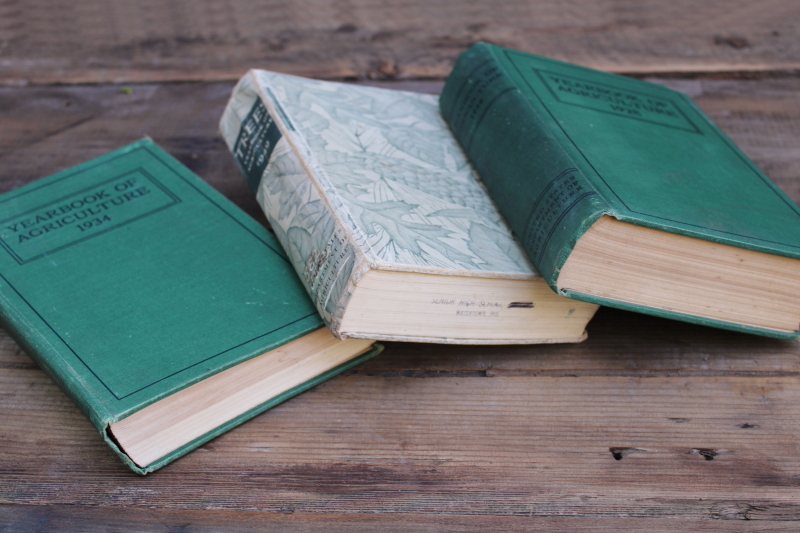 photo of stack of old green books, vintage USDA farm yearbooks Trees print 1949 1934 1928  #2