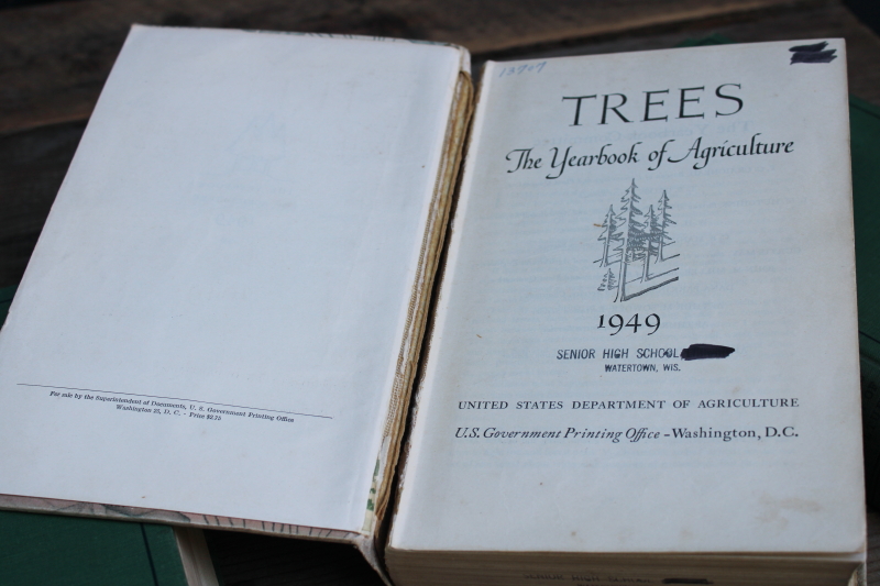 photo of stack of old green books, vintage USDA farm yearbooks Trees print 1949 1934 1928  #5