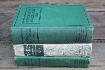 stack of old green books, vintage USDA farm yearbooks Trees print 1949 1934 1928 