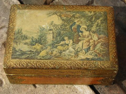 photo of stack of old wood jewelry boxes w/ shabby florentine gold, vintage Italy #2