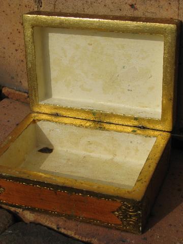 photo of stack of old wood jewelry boxes w/ shabby florentine gold, vintage Italy #3
