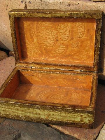 photo of stack of old wood jewelry boxes w/ shabby florentine gold, vintage Italy #5