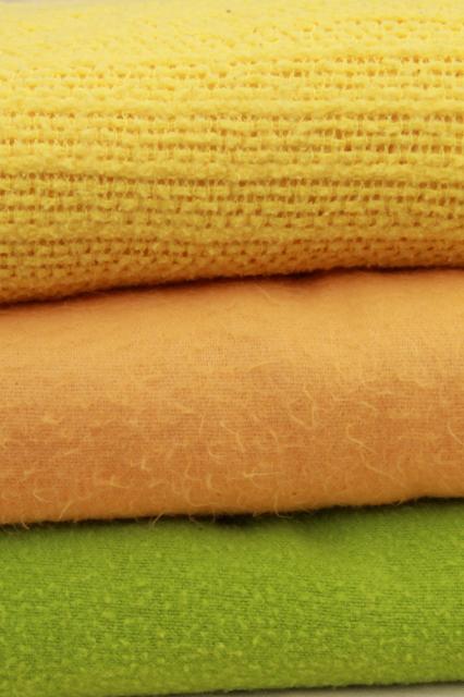 photo of stack of soft vintage acrylic bed blankets, 60s 70s retro harvest gold & lime green #6