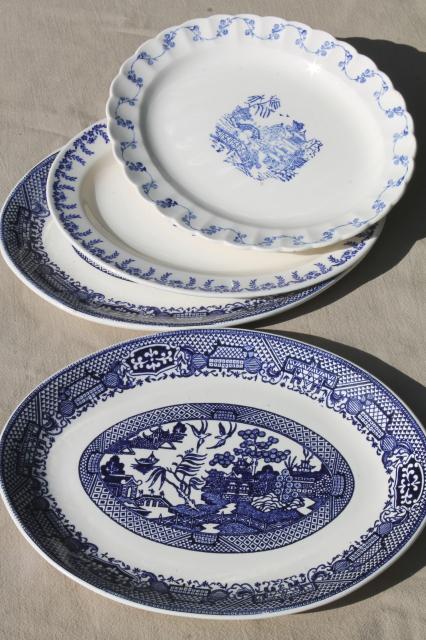 photo of stack of vintage blue willow oval platters, blue and white chinoiserie china #1