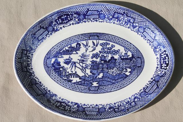 photo of stack of vintage blue willow oval platters, blue and white chinoiserie china #2