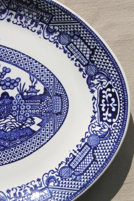 photo of stack of vintage blue willow oval platters, blue and white chinoiserie china #6