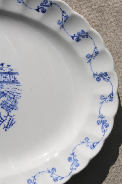 photo of stack of vintage blue willow oval platters, blue and white chinoiserie china #8