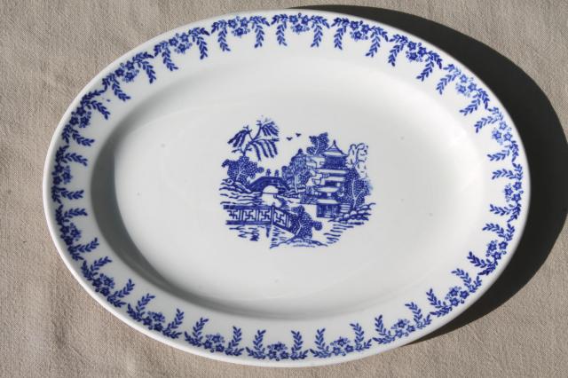 photo of stack of vintage blue willow oval platters, blue and white chinoiserie china #10
