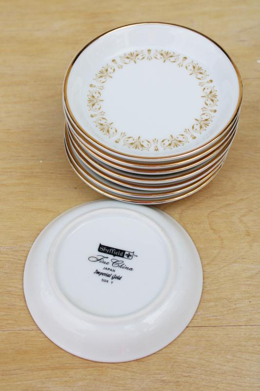 photo of stack of vintage butter pat plates or coasters, Sheffield Imperial Gold china #4