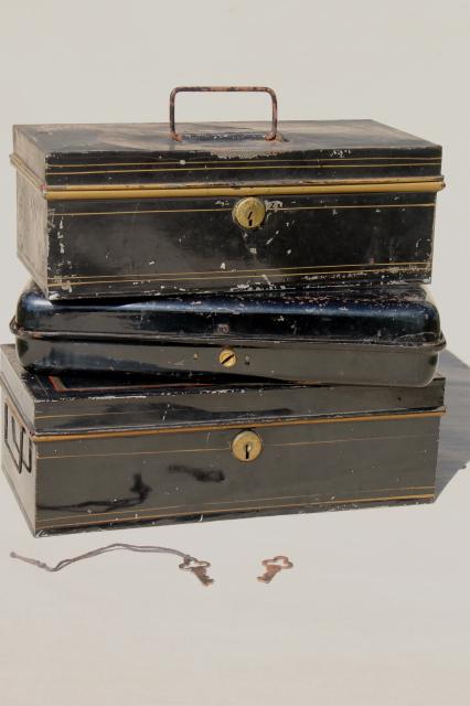 photo of stack of vintage metal deed & document boxes, antique lock box collection #1