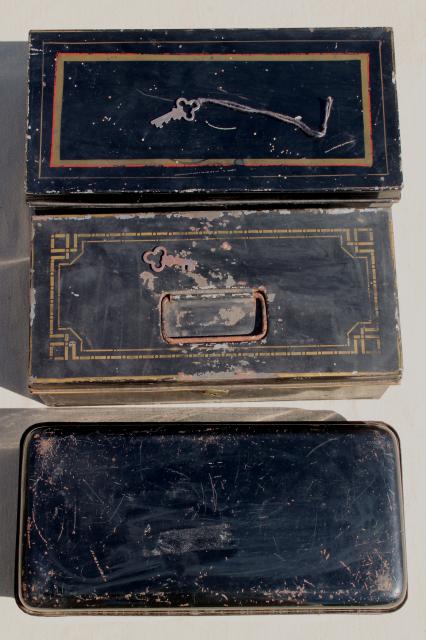 photo of stack of vintage metal deed & document boxes, antique lock box collection #4