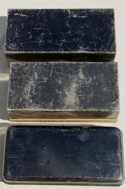 photo of stack of vintage metal deed & document boxes, antique lock box collection #5