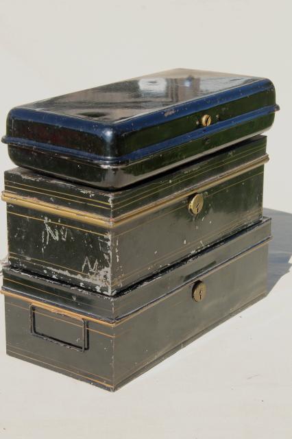 photo of stack of vintage metal deed & document boxes, antique lock box collection #6