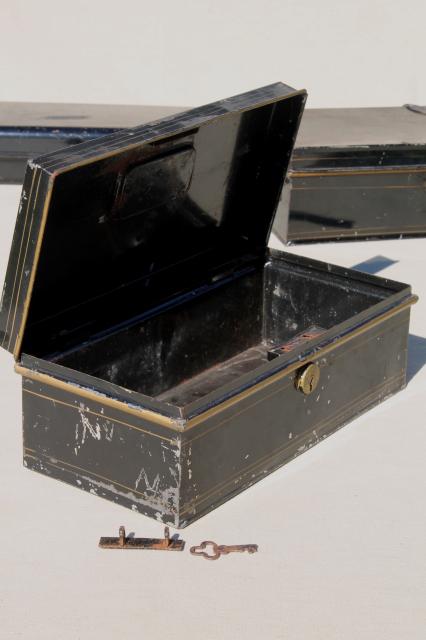 photo of stack of vintage metal deed & document boxes, antique lock box collection #12