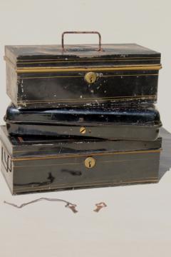 catalog photo of stack of vintage metal deed & document boxes, antique lock box collection